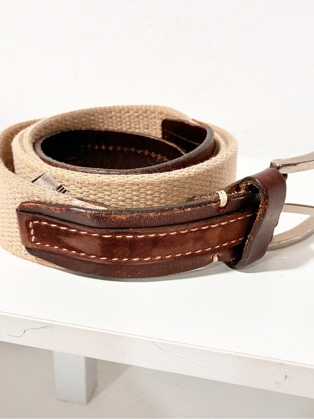 Fossil Beige Men’s Belt Brown Leather Trim Fabric